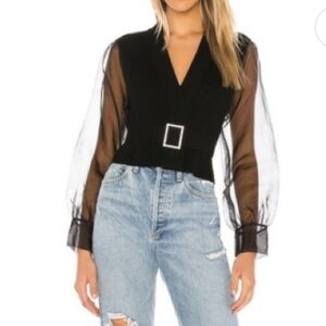 NBD Revolve The Bowery Black Belted Crop Cardigan Sweater Sheer Sleeves Size M